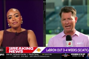 老詹因伤缺阵！专家：也许他可以涂点轩尼诗！把光头女主持逗笑了